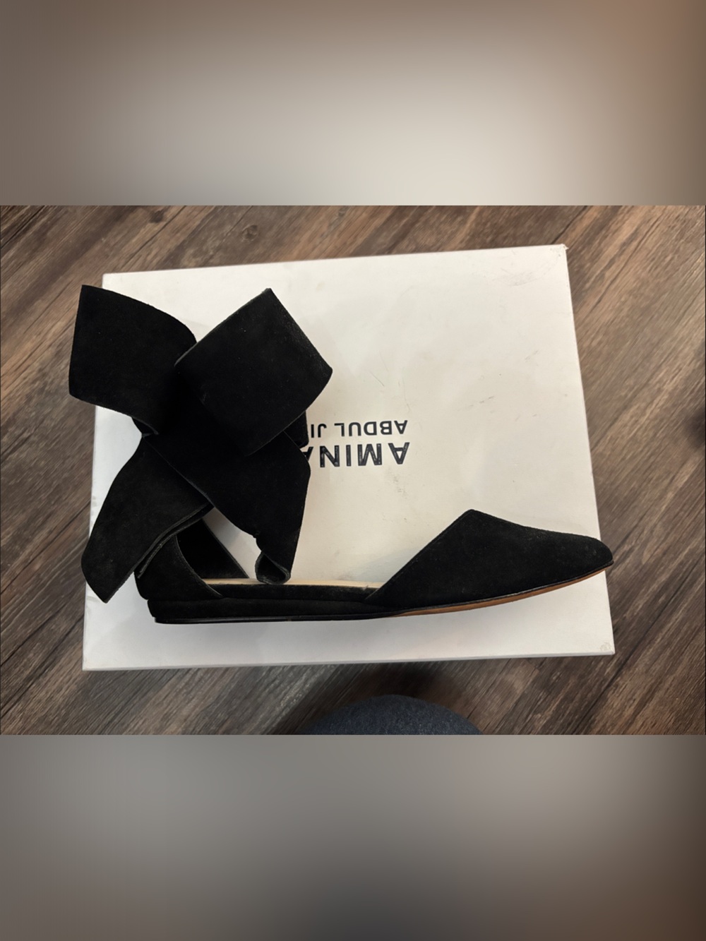 Aminah Abdul jillil Black Suede Pointed Flats with Ankle Wrap bow